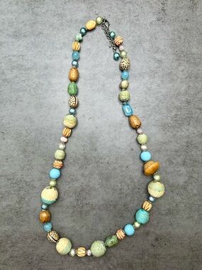 Premier Designs Boho Statement Necklace Mixed Bead Shell Wood 16”